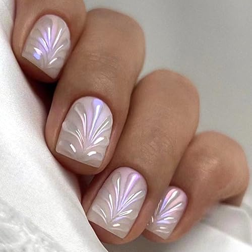 Viugex 24 Stück Press on Nails Kurz Eckig, 3D Meerjungfrau Französische Fingernägel zum Aufkleben, Weiß Glänzend Acryl Fake Nails Set, Natürliche Künstliche Nägel für Frauen und Mädchen Nail Art