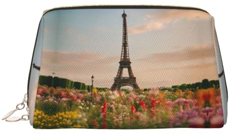 Beautiful Eiffel Tower Paris Print Leather Cosmetic Pouch, Leather Makeup Bag for Purse with Top Zip Closure Stylish Toiletry Bag