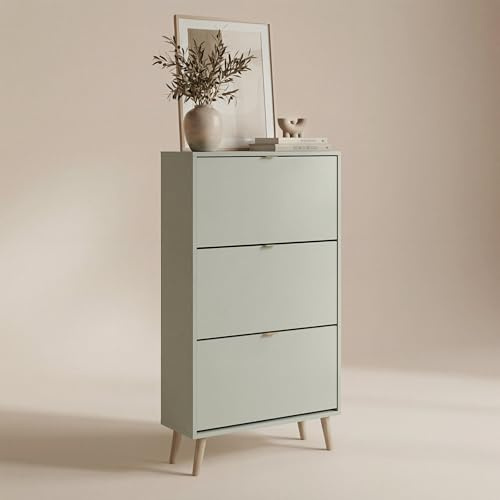 Newroom Schuhschrank schmal Pastell Grün Schuhkipper 3 Klappen Flur | grifflos mit konischen Holzbeinen, Schuhregal platzsparend, geschlossene Schuhablage, skandinavisch für Eingangsbereich