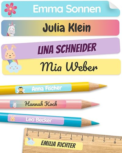 melu kids® Namensaufkleber Kinder für Schule & Kita (75 Stk, Bonbon) | Personalisiert & Spülmaschinenfest, Aufkleber mit Namen für Stifte und Schulsachen, Namensetiketten Selbstklebend