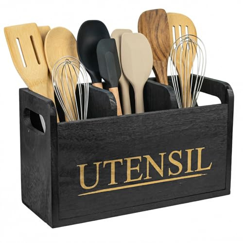 Kitchen Utensils Holder, 3 Compartment Wood Cutlery Holder with Drainage Bottom Removable Divider, Farmhouse Utensil Organiser Cutlery Caddy, Wooden Cooking Tools Storage for Countertop (Black)
