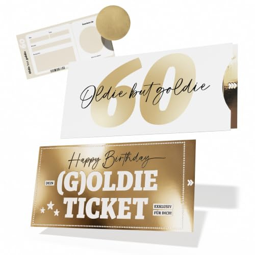 Geburtstagskarte 60. Geburtstag mit Golddruck, Rubbelaufkleber und Hülle | Gutschein zum selber Ausfüllen – Karte zum 60. Geburtstag für Mann & Frau – Oldie but Goldie – DIN lang