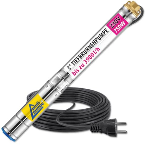 3 750W Tiefbrunnenpumpe 230V Tauchdruckpumpe Edelstahl + Schalterbox | Energiesparend bis 3.700 l/h Fördermenge