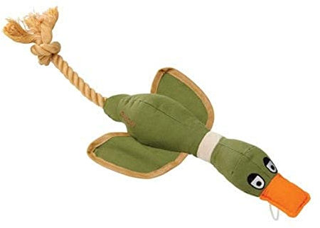 House of Paws Extra Large Khaki Duck, Cotton Canvas Thrower Dog Toy with Rope and Squeaker