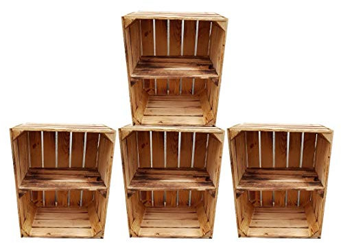 Teramico Massive Holzkisten Schuhregal Bücherregal GEFLAMMT Zwischenbrett Apfelkisten Obstkisten Weinkisten Kisten-Regal flambiert Vintage Deko (4er Set Quer)