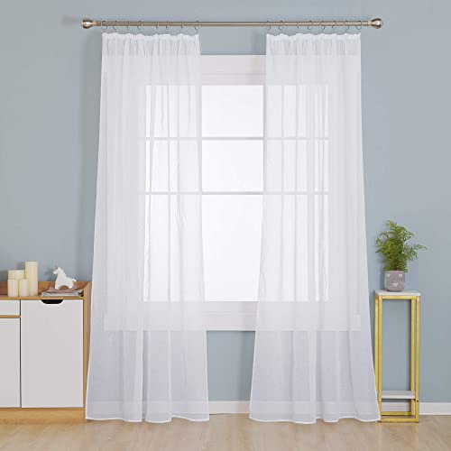 Deconovo Gardinen mit Kräuselband Gardinen Wohnzimmer Stores Schals Transparent Schiene Schlafzimmer Leinenoptik 175x140 cm(HöhexBreite), Weiß, 2er Set