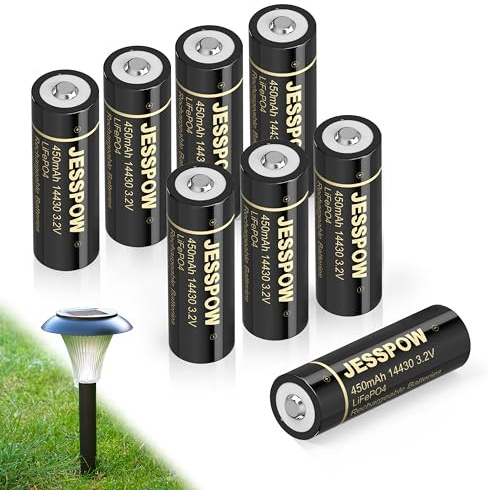 JESSPOW 14430 3.2 Volt Rechargeable Solar Battery, Rechargeable LiFePo4 Batteries [ 450mAh 3.2V 8Pack ] for Outdoor Garden Light, Solar Panel Light, Tooth Brush, Shaver, Flashlight (NOT AA Battery)
