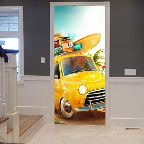 A.Monamour Türtapete Selbstklebend Türfolie Türposter 3D Retro Auto Mit Surfbrett Und Koffern Am Strand Mit Palmen Vinyl Folie Türdeko Tapete Wandbild Türaufkleber Türtattoo 83 x 204 cm