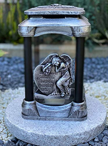 JHMYAR Grablampe mit Granitsockel Handmade NEU Herz - Engel Motiv mit Beschriftung Grablicht Grabkerze Grabdekoration Grabschmuck Gartenlampe incl.Grabkerze