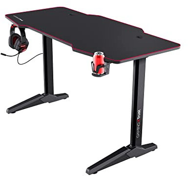 Trust Gaming XL Gaming Tisch (140 x 66 cm) GXT 1175 Imperius - Computer Tisch mit Mauspad in Desk-Größe, Headset und Becherhalter, Kabelmanagementsystem, PC Schreibtisch - Schwarz