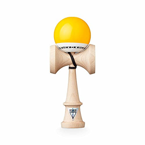 KROM Kendama POP LOL Gelb - aus zertifiziertem Buchenholz - Hohe Holzqualität - Für Anfänger und Profis - Pack : Ersatzschnur + Stickers