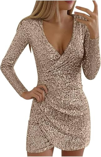 Pailletten Kleider Knielang, Damen Kurz Glitzerkleid Langarm V-Ausschnitt Glänzende Kleider Sexy Partykleid Cocktailkleid Bodycon Enges Party (DE/NL/SE/PL, Alphanumerisch, S, Regular, Regular, Braun)