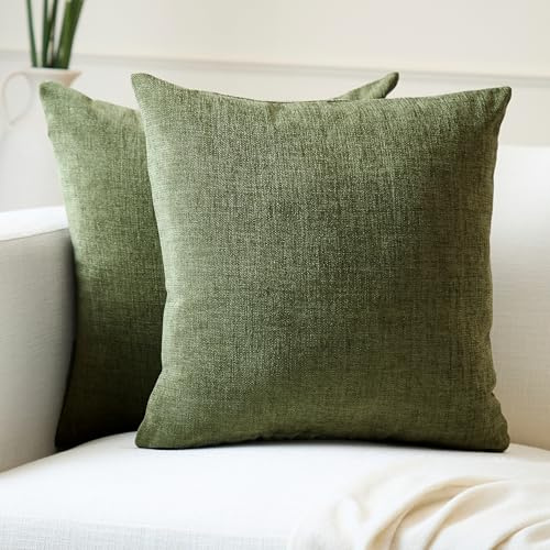 Encasa XO Chenille Kissenbezug, Sofa, ohne Füllung 50x50 cm | Moos, 100% Polyester | Versteckter Reißverschluss | Dekokissen & Zierkissen | Weich & Langlebig | 2er Set