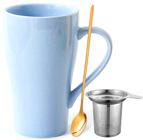 Arawat Taza Grande 500 ml Taza de Té con Colador Taza de Café XXL Taza de Té de Cerámica Original Taza de Café 500 ml Lindo Regalo de Cumpleaños Taza de Café Té (Azul)