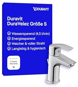 Duravit DuraVelez wassersparende Waschtischarmatur, Größe S (Auslauf Höhe 100 mm), energiesparende Waschbecken Armatur (FreshStart), Wasserhahn Bad mit Zugstangen Ablaufgarnitur, Chrom