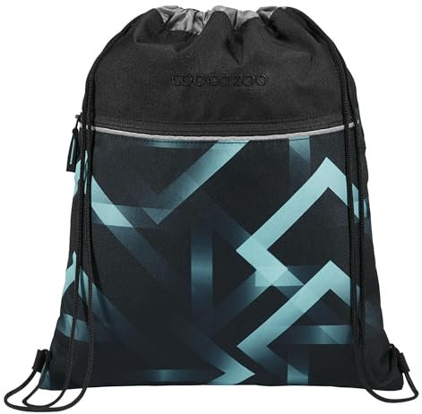 coocazoo Turnbeutel „Laser Lights”, schwarz-türkis, mit Reißverschlussfach und Kordelzug, reflektierende Elemente, Schlaufen zur Befestigung am Schulrucksack, 10 Liter, ab der 3. Klasse