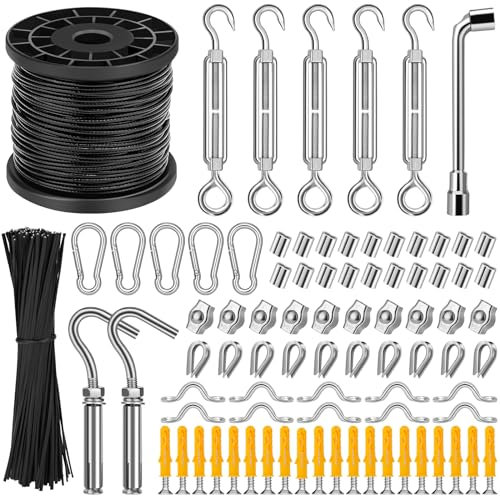 CGBOOM Wire Rope Kit 2mm, 61m Black Vinyl-Coated Garden Wire for Climbing Plants,Picture,Curtain and String Light Hanging Kit, Cable with Turnbuckles, Vine Eyes(Easy to Store)