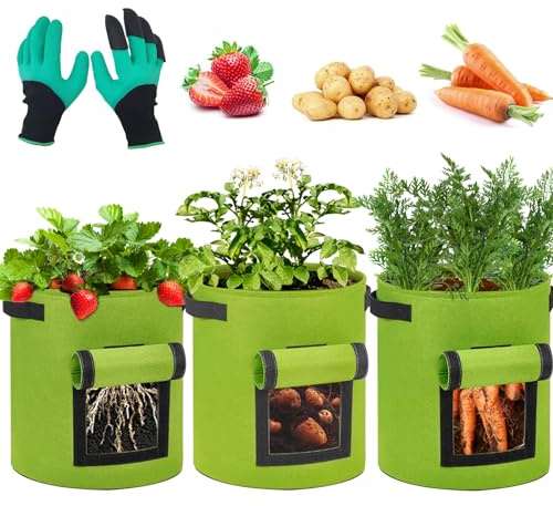 Kartoffel Pflanzsack 3 Stück Kartoffelpflanzsäcke 40L Pflanzsäcke mit Gartenhandschuhe, 10 Gallonen Pflanzsack, Pflanzsack Kartoffeln, Pflanzen für Gemüse Blumen Früchte Pflanztopf für Kartoffeln