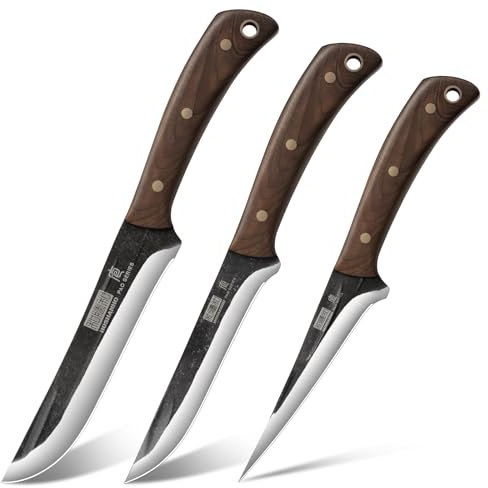 HOSHANHO Metzgermesser Set, 3-teilig Superscharfes Handgeschmiedetes Filetiermesser & Hackmesser & Schälmesser Set, Fleischschneiden aus Kohlenstoffreichem Edelstahl für Zuhause und draußen