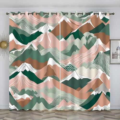 Bunt Gardinen Japanischer Berg Vorhang 3D Weicher Blickdichte Vorhänge Thermovorhang Kälteschutz Schlaufenschal 2er Set mit Ösen für Schlafzimmer Wohnzimmer Kinderzimmer, 245x140 cm(HxB), Grün