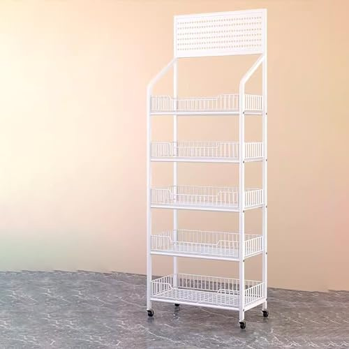 Supermarché Présentoir Rayon des snacks de supermarché Grand présentoir à 5 étages,supermarché Panier à snacks à 4 étages et 5 couches,Avec crochet, avec roulette universelle.(Wit,60*27*165cm)