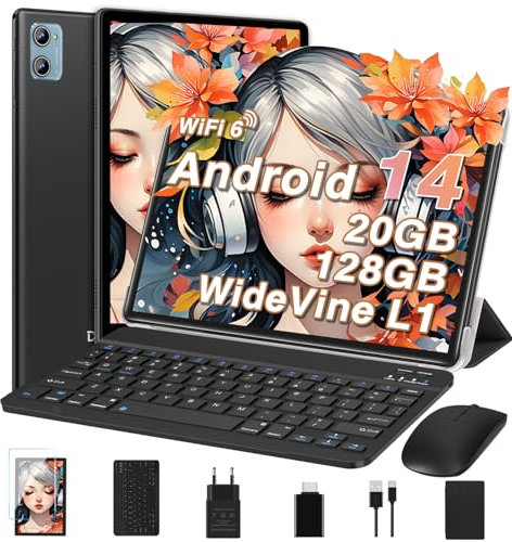 Gemini AI Tablette Android 15 Tablette 10 Pouces 64Go+2To Extensible, Tablette Tactile GMS, 5G+2.4G Wi-Fi,Octa-Core 2.0GHz,Widevine L1, BT5.0, 6000mAh, GPS,Tablettes avec Clavier+Souris et Cas-Noir