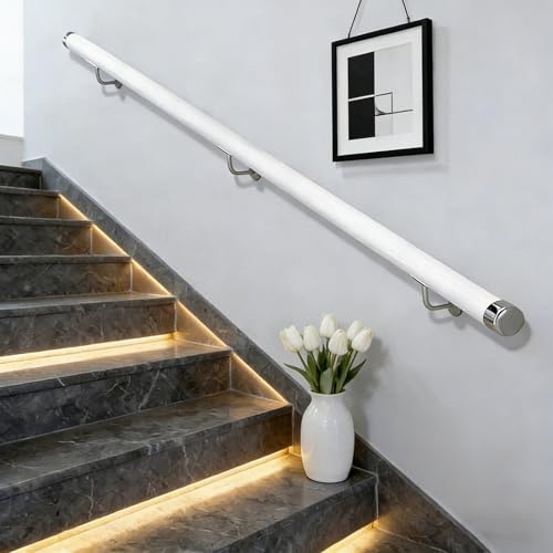 KEPMOGOH 50–440 cm ledhänder, rund trappramp i trä för väggmontering, säkerhetsramp för äldre, stödstång för händer i korridorer, komplett kit (B, 180cm)