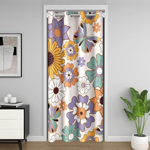 Homemissing Retro Flower Door Curtain for Privacy 106x203cm Butterfly Closet Door Cover Curtain for Bedroom 60S 70S Groovy Floral Blossom Butterflies Print Room Divider Curtain Green Window Treatment