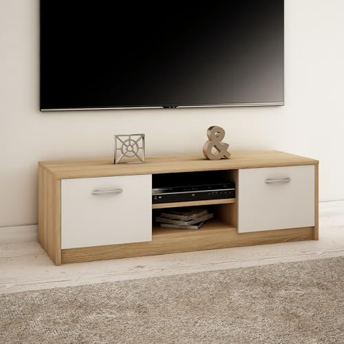 Home Collective TV-Schrank 120cm breit Lowboard in matt Fernsehtisch mit 2 Türen und 1 Regal aus laminiertem Board abgerundete Kante und Metall-Rollschienen Fernsehkommode Sonoma weiß