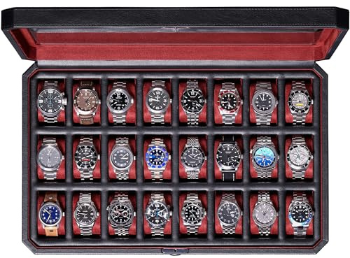 ROTHWELL 24 Slot Watch Case with Lock – Luxury Watch Box to Display and Organize Your Collection | Real Glass Top | Premium Storage for Collectors (Black/Red)