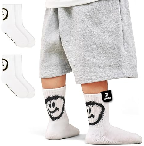 von Jungfeld Tennissocken für Kinder für Jungen & Mädchen - Sportsocken Kinder (Crew Socks) aus Bio-Baumwolle - Kindersocken mit Smiley-Motiv