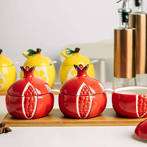 tarros de navidad， Tarros de especias, azucarero de frutas con tapa y cuchara, azucarero colorido, botes de cerámica for azúcar de café, bote de condimento for salero-(Red)
