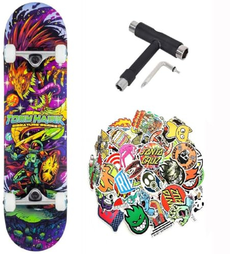 Komplettes Skateboard Tony Hawk Professional, Serie 360, 7,75 Zoll (7,75 Zoll), 1 Mehrzweck-Tool + 50 glänzende Sticker (Cosmic 7,75 – Tool – 50 Stickers, 7,75 Zoll)