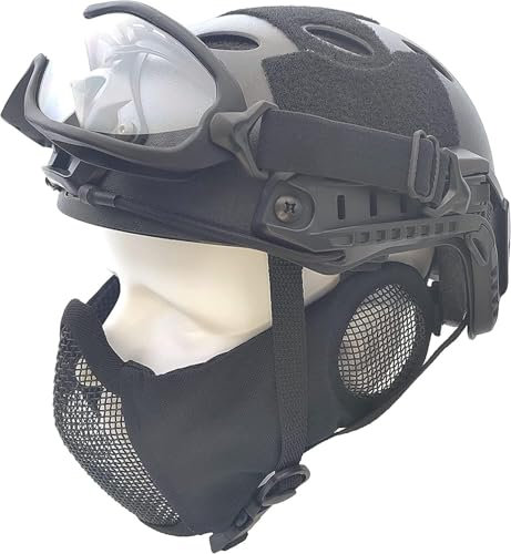 Casque Tactique Airsoft Rapide De Type PJ + Demi-Masque Pliable en Maille + Lunettes, avec Protection Auditive, Mentonnière Réglable, Protection Complète du Visage(Blzck)