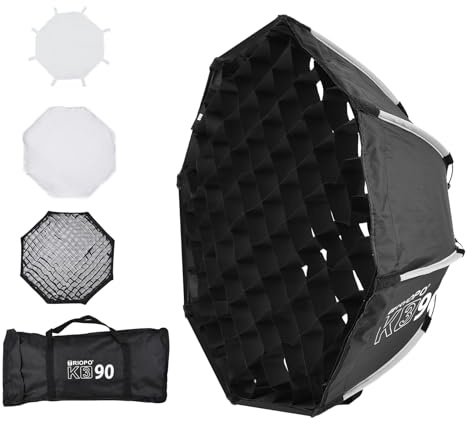 Rankomu TRIOPO K3 - Softbox ottagonale per fotografia, 90 cm, installazione rapida, con supporto Bowens rimovibile, diffusore, griglia a pettine, borsa per il trasporto per luce video da studio
