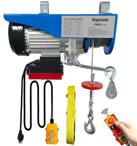 Bigorenda 1320lb Electric Hoist with Remote Control/Wired Control, Electric Hoist 2 in 1, 110v Electric Hoist with Single/Double Slings,65.6/33ft Lifting Height, for Factory Attic Garage Warehouse