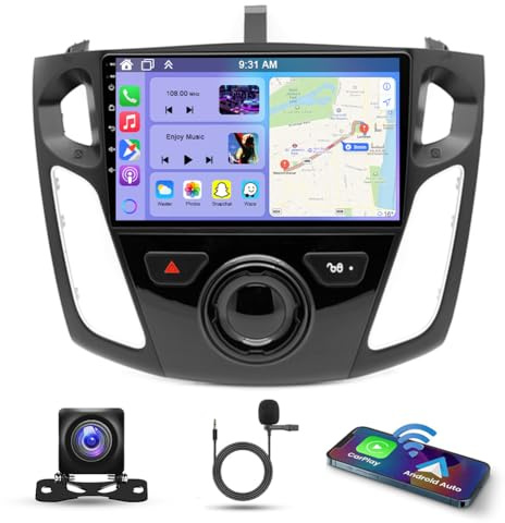 4G+64G 2 Din Car Stereo for Ford Focus 2012-2018 w/Wireless Carplay & Android Auto, 9 Inch IPS Touch Screen Android 14 Car Radio Receiver GPS Navi Bluetooth Wifi HiFi BT SWC FM Rear View Camera Mic