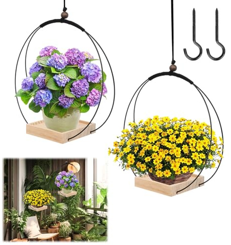 Ruaizel 2Pcs Hanging Plant Pots Indoor, Hanging Plant Holder with Wood Base, Plant Hanger Window with 2 Hooks for Wall, Ceiling or Window (Black with wood)