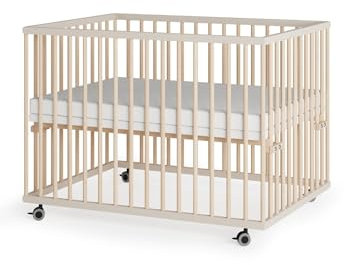 Sämann Laufstall Baby 75x100 cm mit Matratze und Schlupfsprossen | TÜV geprüft | stufenlos höhenverstellbar | Laufgitter Premium | Babybett aus Holz | Krabbelgitter Sahara dust/Natur