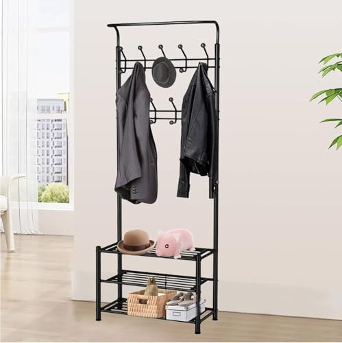 JF HOME BLISS Freestanding Coat Rack with Shelf - Multi-Functional Metal Hall Tree for Coats, Hats & Shoes - Black Space-Saving Storage Solution