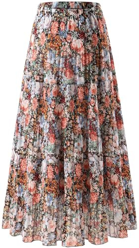 comefohome Maxi Skirts for Women UK Pleated Long Flowy Chiffon Elasticated Waist Tiered A Line Ladies Summer Skirt Floral 04 L
