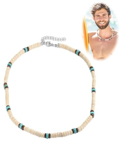 XENQITO 1 Stück Surfer Kette Herren, Halskette Herren, Muschelkette Herren, Surfer Halskette mit Kokosnuss Perlen Handmade Handmade Muschelkette Strand Schmuck Kette Holz (Weiß)