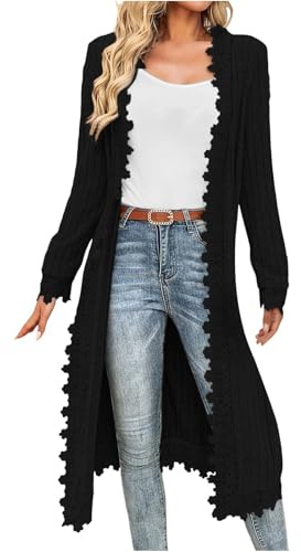 Women's Long Cardigan Open Front Long Sleeve Cardigans Lace Trim Knit Sweater Jumper Cardigan V Neck Ribbed Knit Lightweight Outerwear Plus Size Ladies Coat Autumn Winter Jackets Streetwear Black