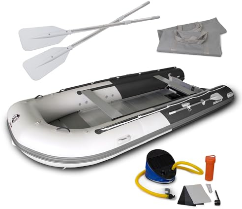 DA-470 Gommone Gonfiabile, 470 cm, Grigio - Grigio scuro, Fondo in alluminio, incl. accessori, barca da pesca, barca a paddle, barca a motore categoria C