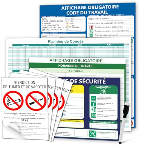 Pack de 9 paneles adhesivos con pantalla obligatoria, calendario anual 400 x 300 mm, horario de trabajo, instrucciones de seguridad, 200 x 300 mm, prohibición de fumar, 150 x 200 mm, con bolígrafo