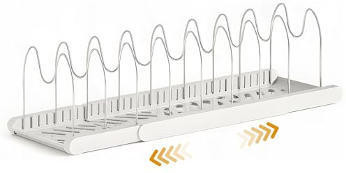 SWEWARM Expandable Pot & Pan Rack with Adjustable Dividers - 7-Slot Lid Holder for Cabinets, Countertops, Baking Trays & Cookware Storage