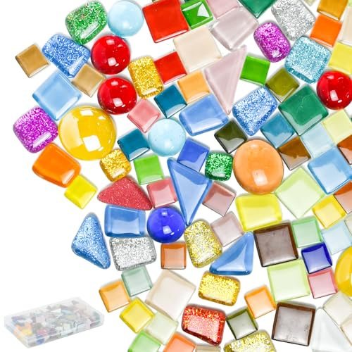 FuxFuis 240g Pierres de Mosaïque, 1cm-2.6cm Carrelage Mosaique Verre Tesselles en Verre Colorées Mini Carreaux de Mosaïque avec Boîte Transparente pour Bricolage, Artisanat, Décoration, Cadre Photo