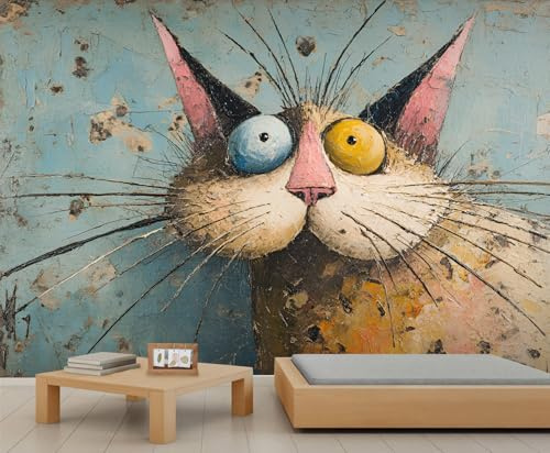Kinder-Tapete mit niedlicher Katze, abstrakte Retro-Textur, Wandtapete, bizarre Ästhetik, Jungen-Tapete für Kinderzimmer, Wohnzimmer, Wandbild, Poster, 450 x 300 cm