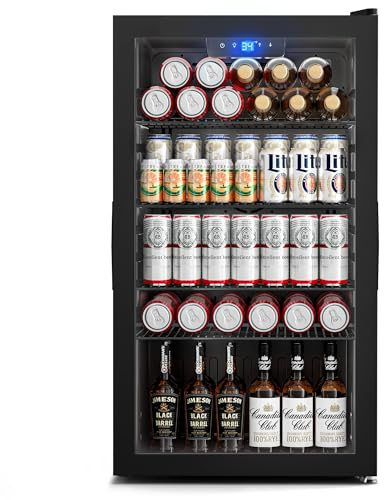 Manastin 130 Can Beverage Refrigerator, 3.2 Cu.ft Mini Fridge with Glass Door for Drink, Beer, Wine, LED Light, 34-64℉, Adjustable Removable Shelves, Beverage Cooler for Bedroom, Office, Bar