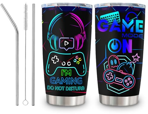 Gamer Travel Mug 20oz, Insulated Coffee Cup with Lid and Straw, Cool Gifts for Gamers, Stainless Steel Double Wall Travel Mugs for Ice Drinks, Ice storage, Gamer Gifts for Boys Teenage Home Picnic (D)